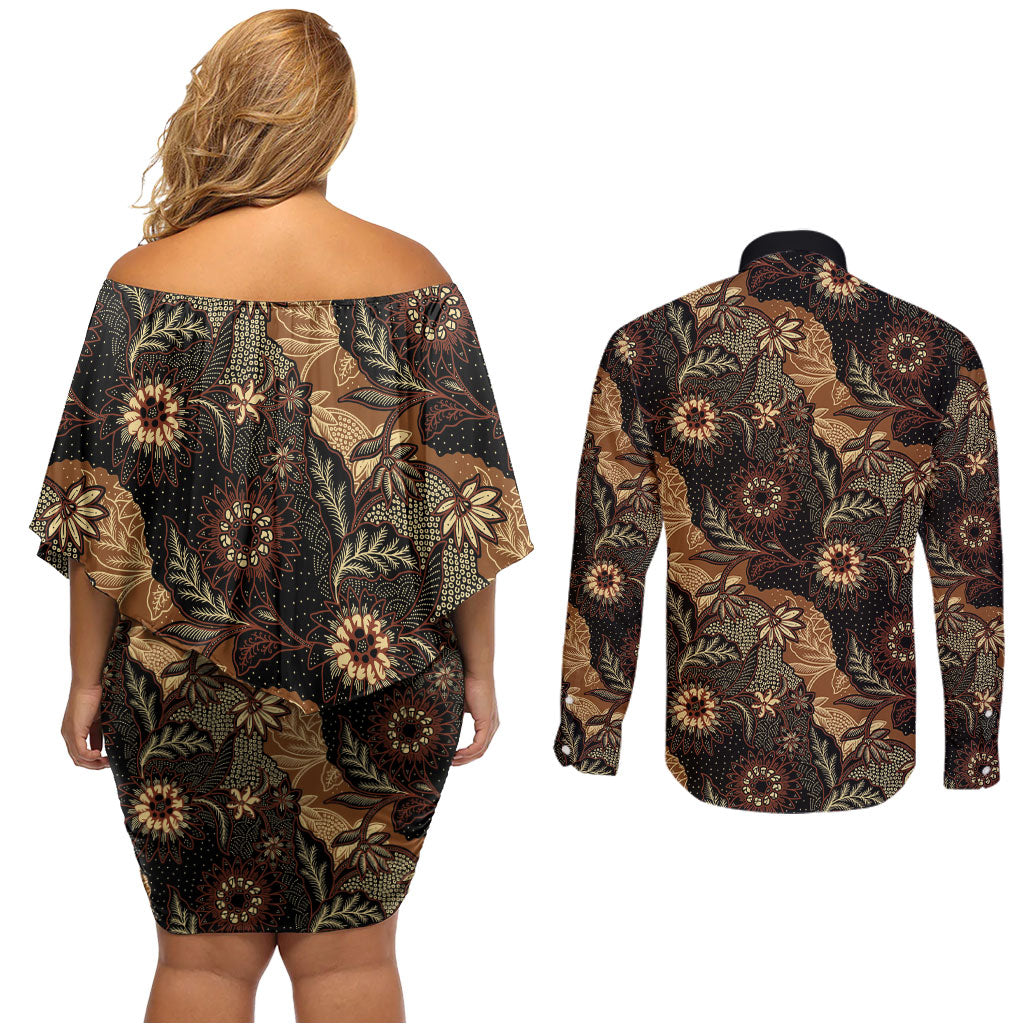 Batik Pedalaman Semen Lereng Style Couples Matching Off Shoulder Short Dress and Long Sleeve Button Shirt Indonesian Traditional Pattern