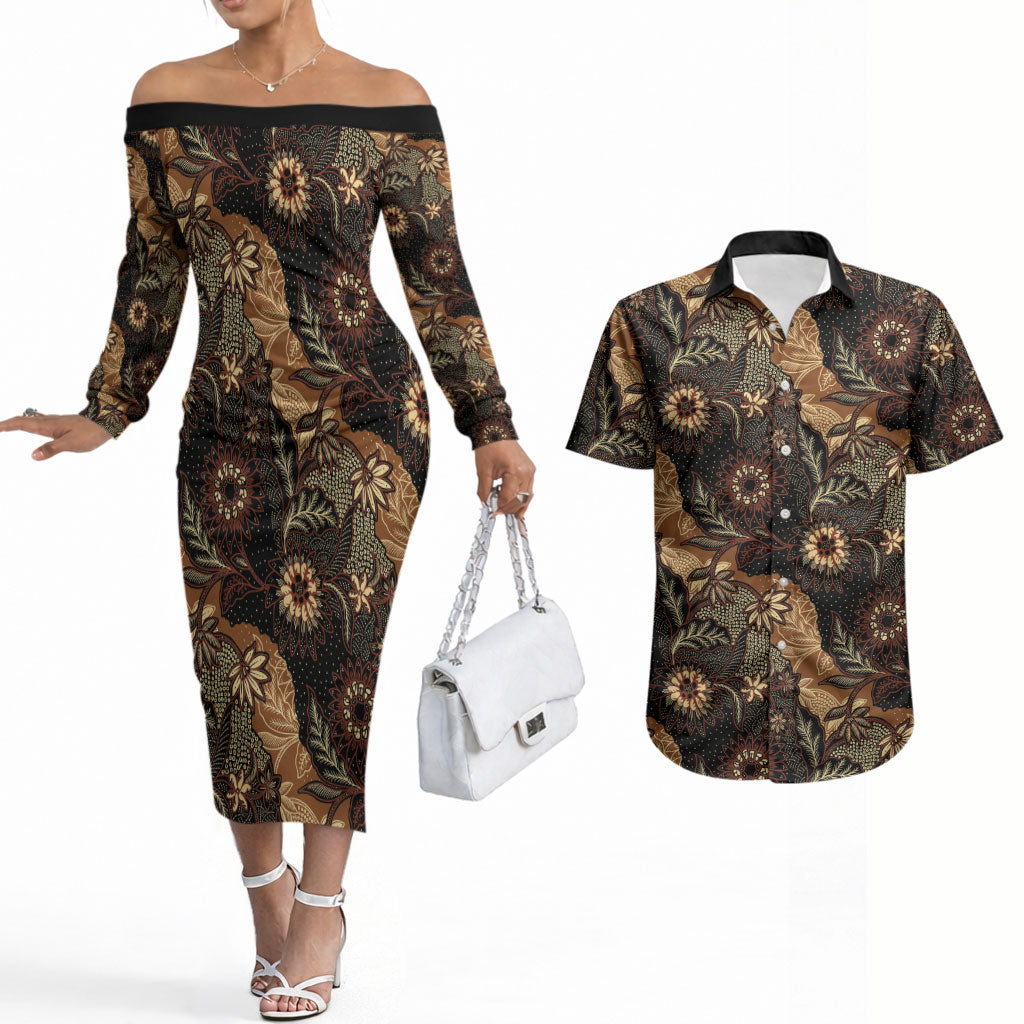 Batik Pedalaman Semen Lereng Style Couples Matching Off The Shoulder Long Sleeve Dress and Hawaiian Shirt Indonesian Traditional Pattern LT01 Black - Polynesian Pride