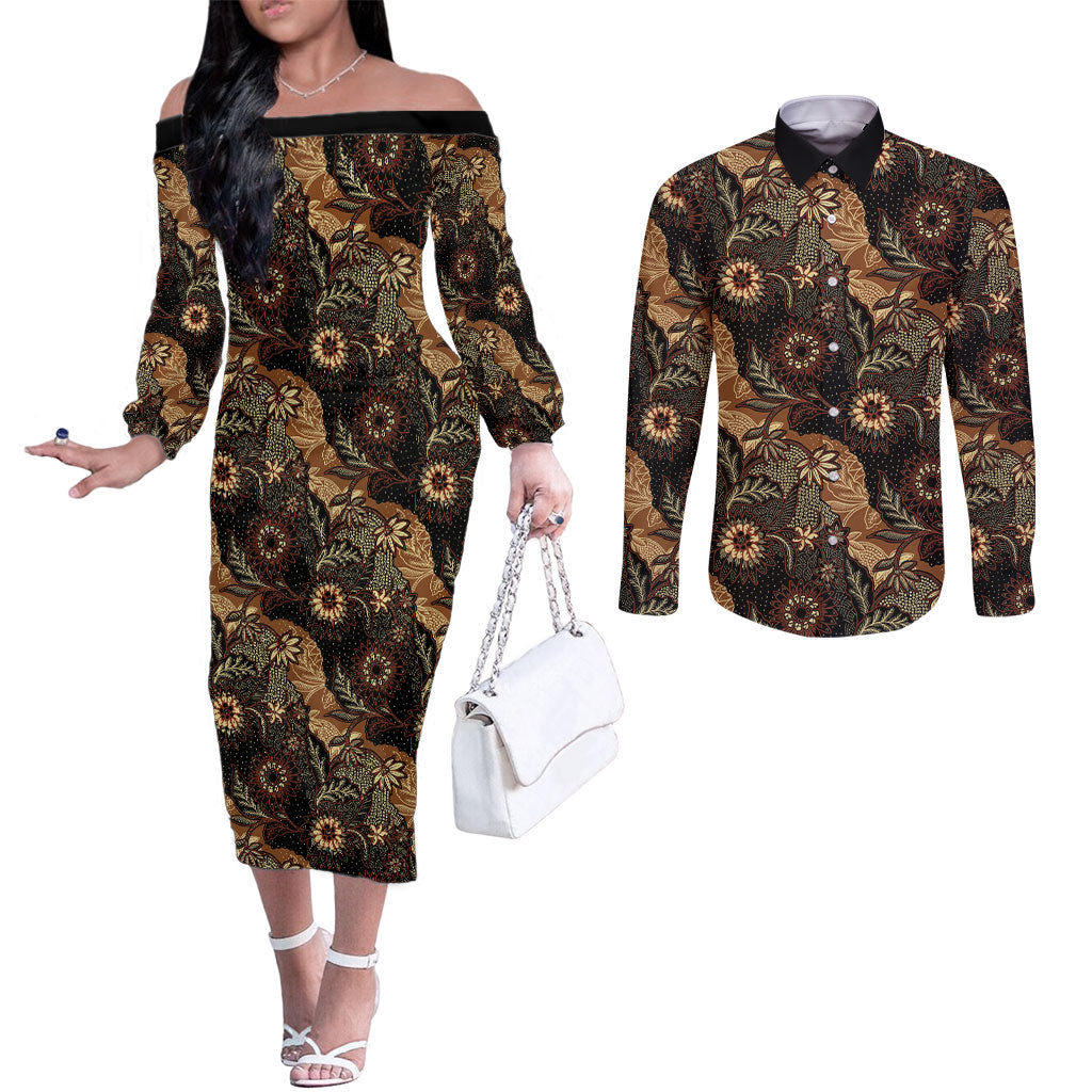 Batik Pedalaman Semen Lereng Style Couples Matching Off The Shoulder Long Sleeve Dress and Long Sleeve Button Shirt Indonesian Traditional Pattern