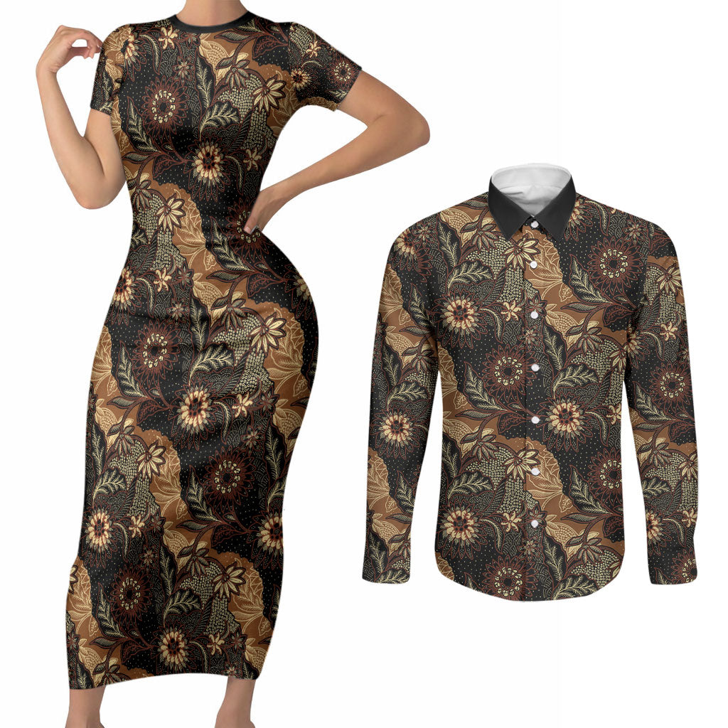 Batik Pedalaman Semen Lereng Style Couples Matching Short Sleeve Bodycon Dress and Long Sleeve Button Shirt Indonesian Traditional Pattern LT01 Black - Polynesian Pride