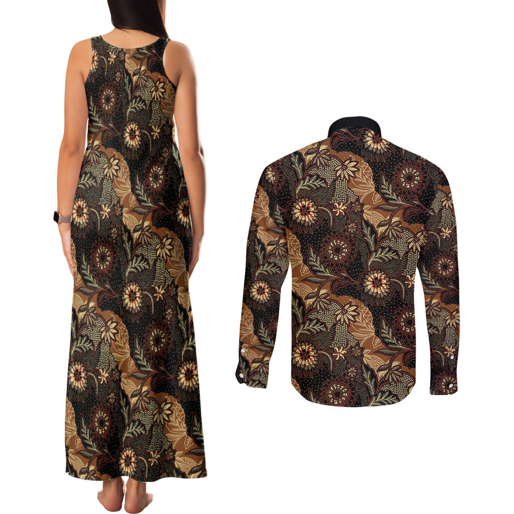 Batik Pedalaman Semen Lereng Style Couples Matching Tank Maxi Dress and Long Sleeve Button Shirt Indonesian Traditional Pattern