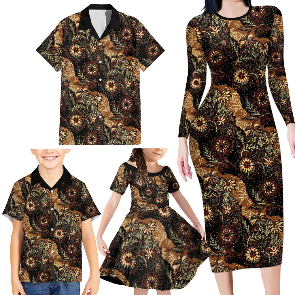 Batik Pedalaman Semen Lereng Style Family Matching Long Sleeve Bodycon Dress and Hawaiian Shirt Indonesian Traditional Pattern