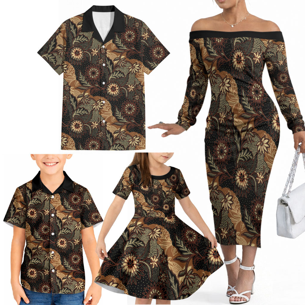 Batik Pedalaman Semen Lereng Style Family Matching Off The Shoulder Long Sleeve Dress and Hawaiian Shirt Indonesian Traditional Pattern LT01 - Polynesian Pride