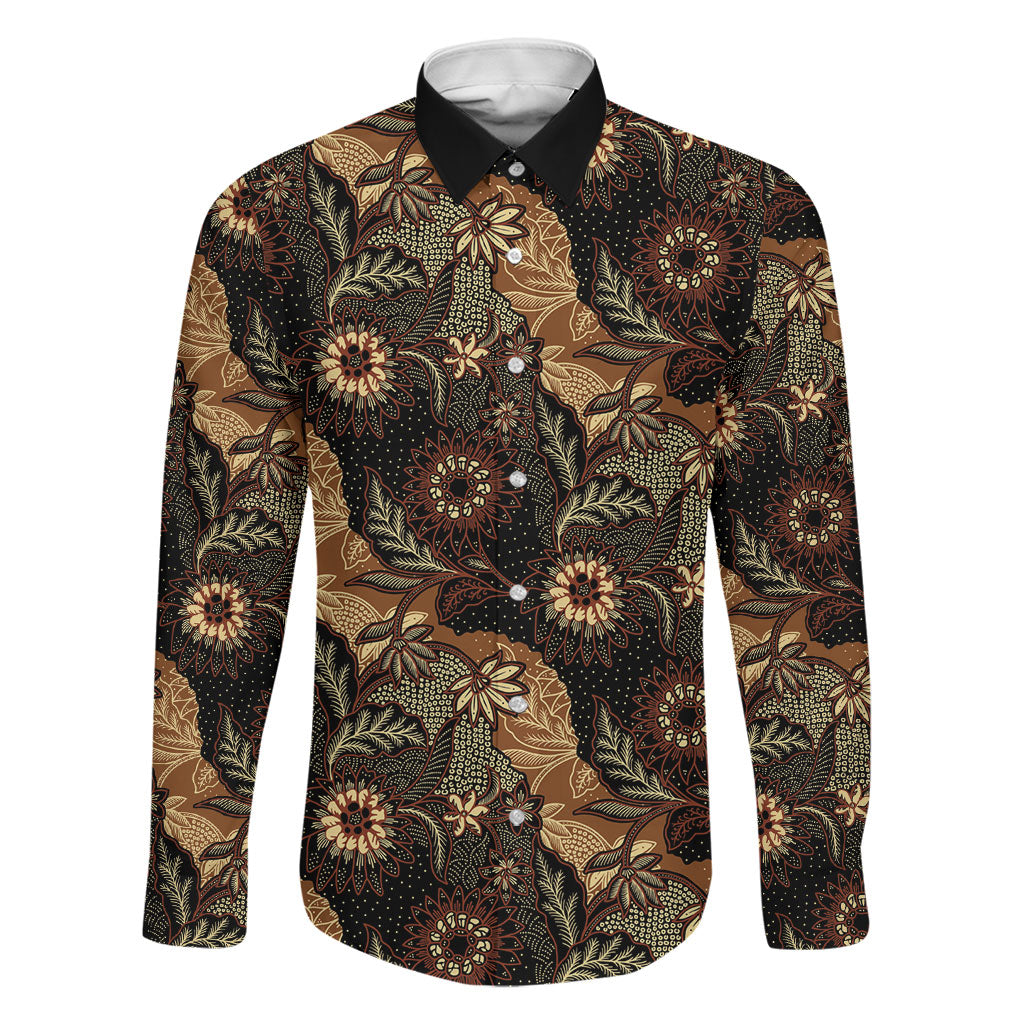 Batik Pedalaman Semen Lereng Style Family Matching Off The Shoulder Long Sleeve Dress and Hawaiian Shirt Indonesian Traditional Pattern LT01 Dad's Shirt - Long Sleeve Black - Polynesian Pride