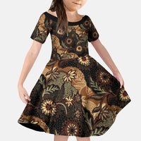 Batik Pedalaman Semen Lereng Style Family Matching Off Shoulder Short Dress and Hawaiian Shirt Indonesian Traditional Pattern LT01 Daughter's Dress Black - Polynesian Pride