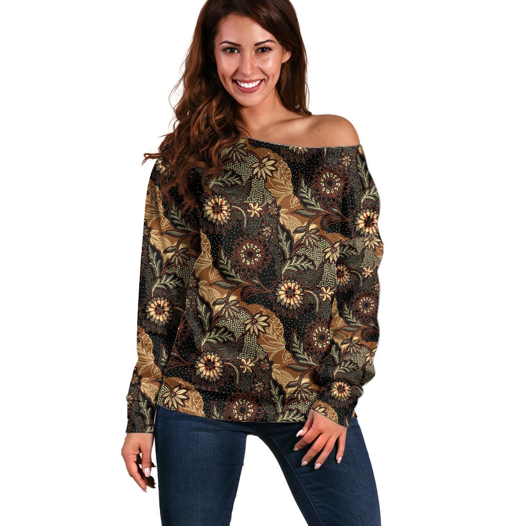 Batik Pedalaman Semen Lereng Style Off Shoulder Sweater Indonesian Traditional Pattern