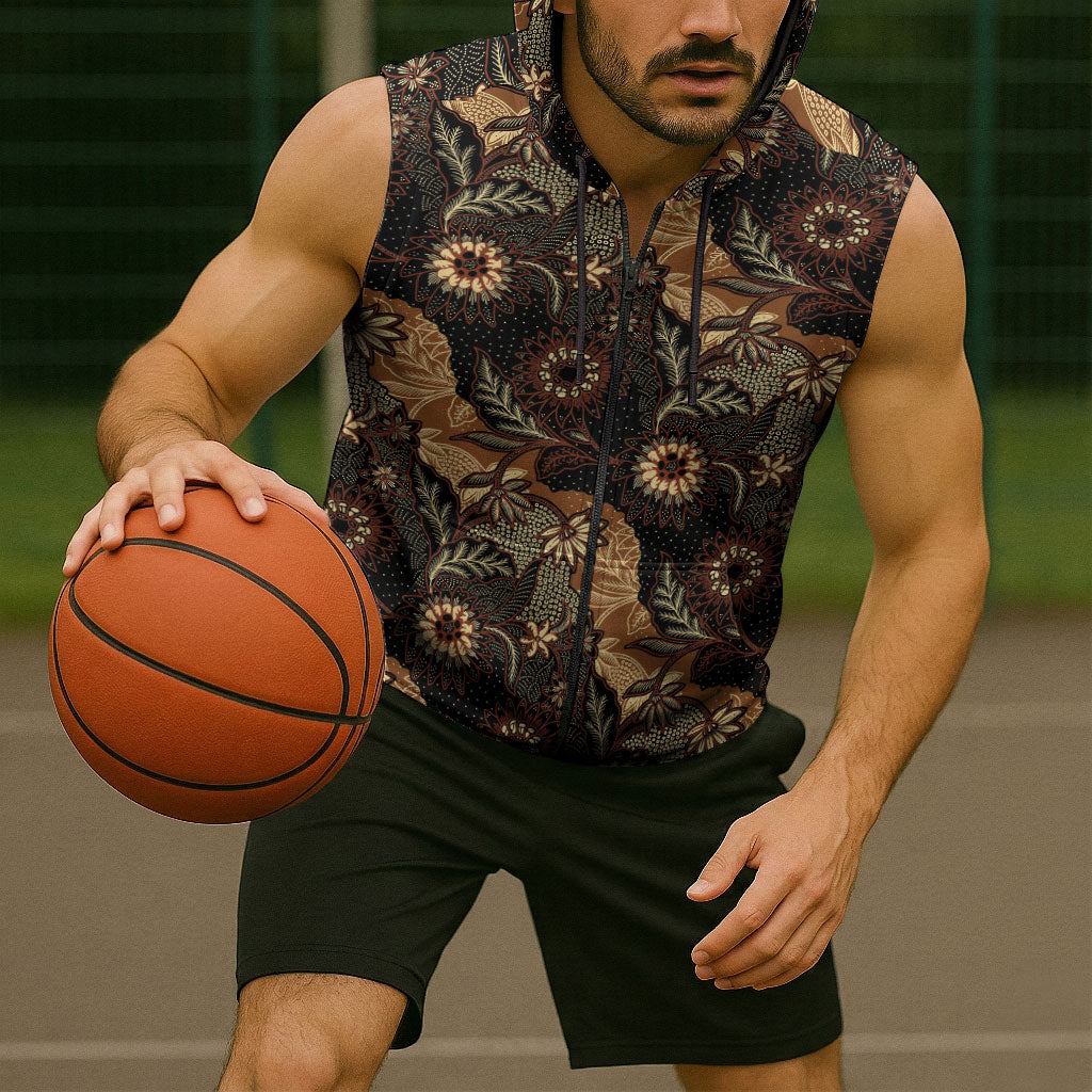 Batik Pedalaman Semen Lereng Style Sleeveless Zip Hoodie Indonesian Traditional Pattern