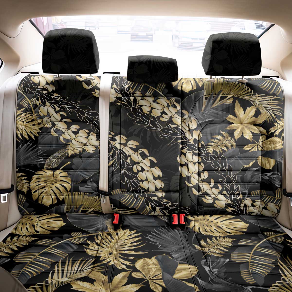 Gold Tropical Leaves Hawaii Mikioi Lei Back Car Seat Cover Luxury Stylized - Polynesian Pride