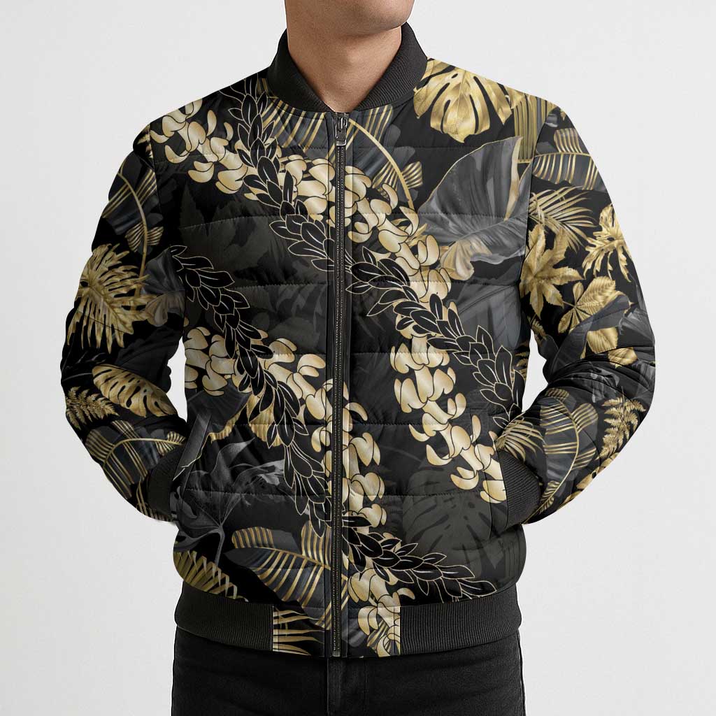 Gold Tropical Leaves Hawaii Mikioi Lei Bomber Puffer Jacket Luxury Stylized - Polynesian Pride