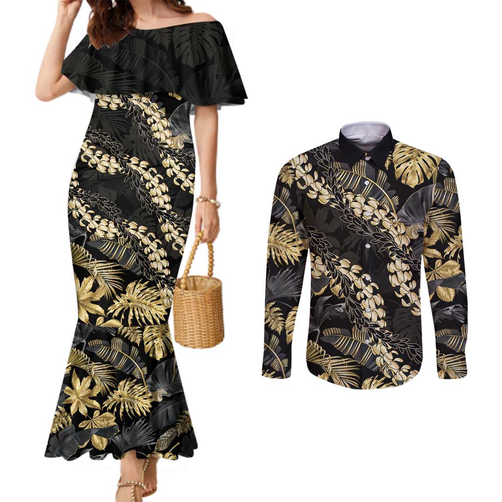 Gold Tropical Leaves Hawaii Mikioi Lei Couples Matching Mermaid Dress and Long Sleeve Button Shirt Luxury Stylized - Polynesian Pride