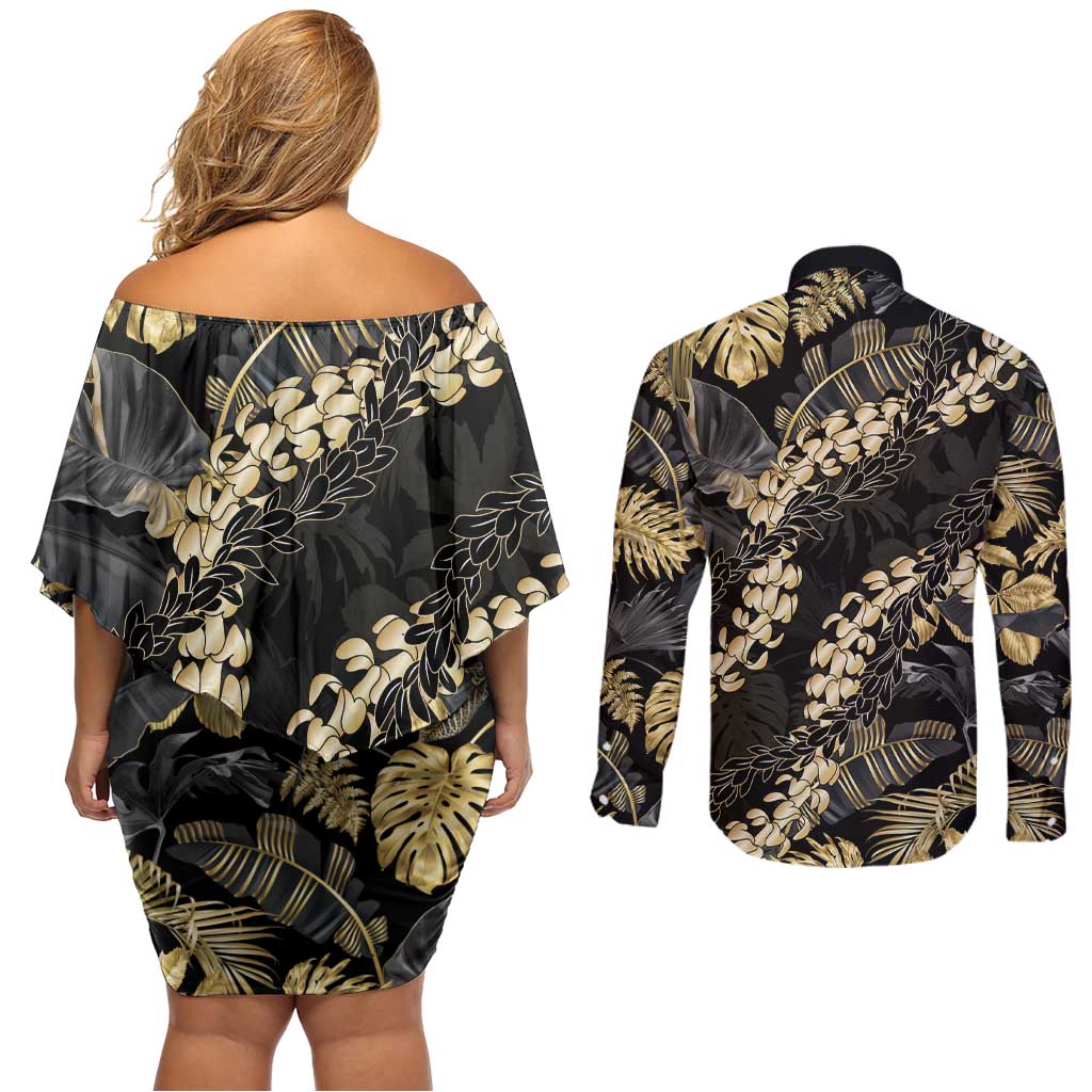 Gold Tropical Leaves Hawaii Mikioi Lei Couples Matching Off Shoulder Short Dress and Long Sleeve Button Shirt Luxury Stylized - Polynesian Pride