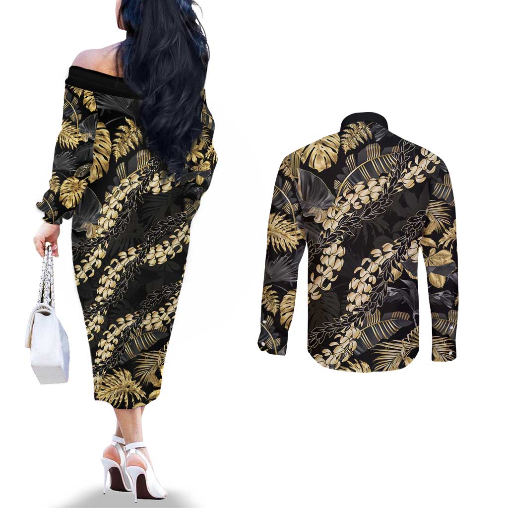 Gold Tropical Leaves Hawaii Mikioi Lei Couples Matching Off The Shoulder Long Sleeve Dress and Long Sleeve Button Shirt Luxury Stylized - Polynesian Pride