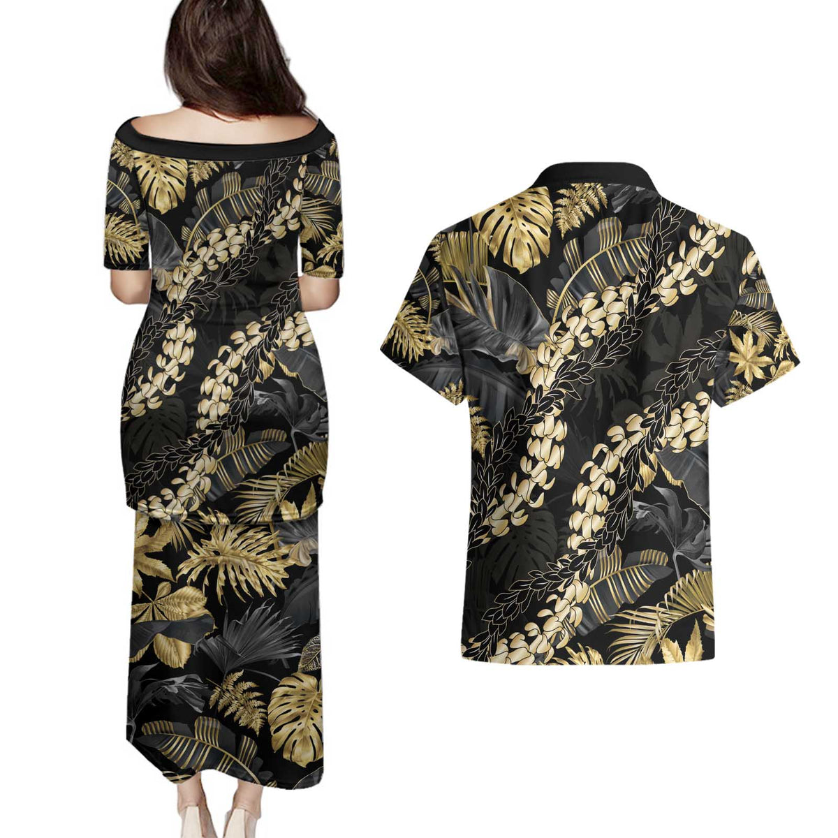 Gold Tropical Leaves Hawaii Mikioi Lei Couples Matching Puletasi and Hawaiian Shirt Luxury Stylized - Polynesian Pride