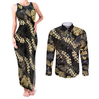 Gold Tropical Leaves Hawaii Mikioi Lei Couples Matching Tank Maxi Dress and Long Sleeve Button Shirt Luxury Stylized - Polynesian Pride