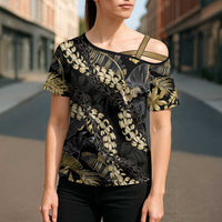 Gold Tropical Leaves Hawaii Mikioi Lei Cross Shoulder Shirt Luxury Stylized - Polynesian Pride