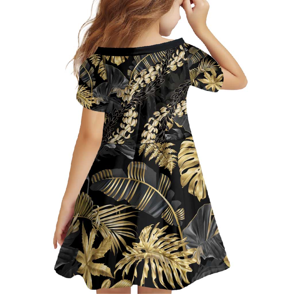 Gold Tropical Leaves Hawaii Mikioi Lei Family Matching Long Sleeve Bodycon Dress and Hawaiian Shirt Luxury Stylized - Polynesian Pride