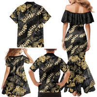 Gold Tropical Leaves Hawaii Mikioi Lei Family Matching Mermaid Dress and Hawaiian Shirt Luxury Stylized - Polynesian Pride