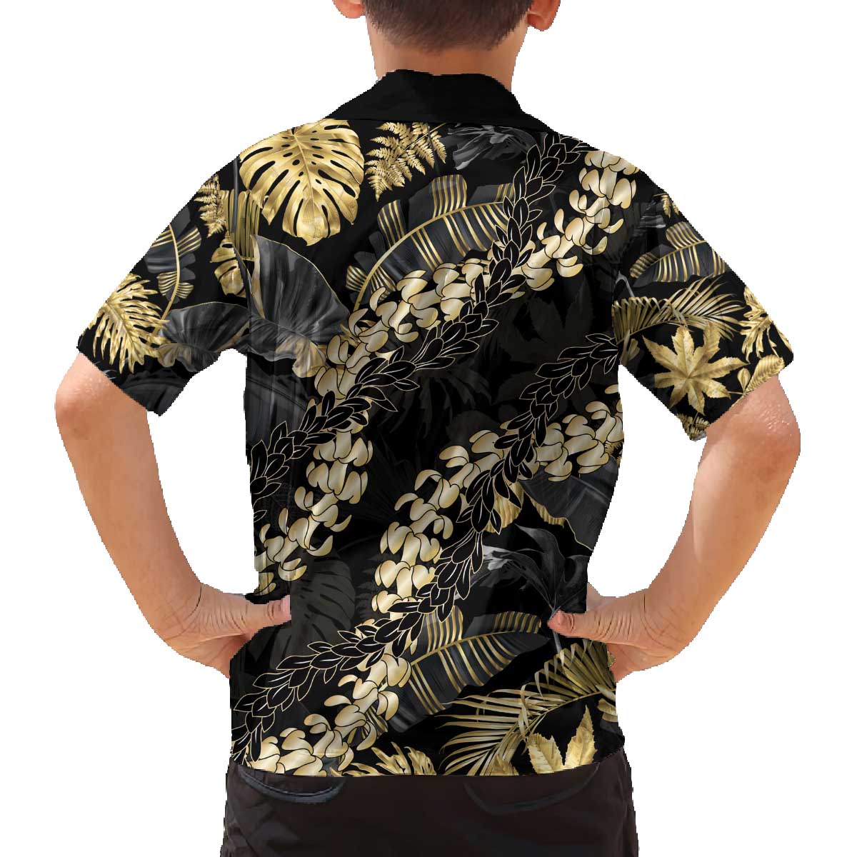 Gold Tropical Leaves Hawaii Mikioi Lei Family Matching Off The Shoulder Long Sleeve Dress and Hawaiian Shirt Luxury Stylized LT01 - Polynesian Pride