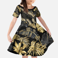 Gold Tropical Leaves Hawaii Mikioi Lei Family Matching Off The Shoulder Long Sleeve Dress and Hawaiian Shirt Luxury Stylized LT01 Daughter's Dress Gold - Polynesian Pride