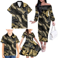 Gold Tropical Leaves Hawaii Mikioi Lei Family Matching Off The Shoulder Long Sleeve Dress and Hawaiian Shirt Luxury Stylized LT01 - Polynesian Pride