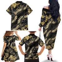 Gold Tropical Leaves Hawaii Mikioi Lei Family Matching Off The Shoulder Long Sleeve Dress and Hawaiian Shirt Luxury Stylized LT01 - Polynesian Pride