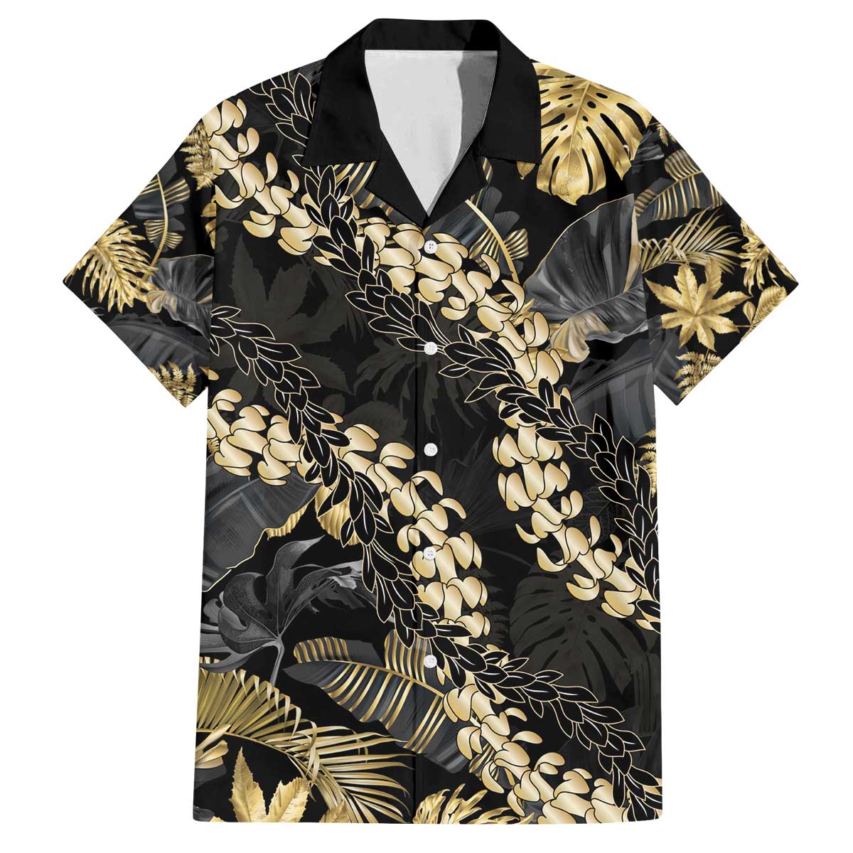 Gold Tropical Leaves Hawaii Mikioi Lei Family Matching Off The Shoulder Long Sleeve Dress and Hawaiian Shirt Luxury Stylized LT01 Dad's Shirt - Short Sleeve Gold - Polynesian Pride