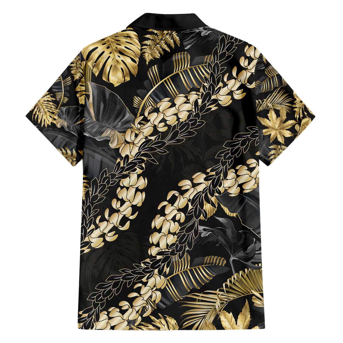 Gold Tropical Leaves Hawaii Mikioi Lei Family Matching Off The Shoulder Long Sleeve Dress and Hawaiian Shirt Luxury Stylized LT01 - Polynesian Pride