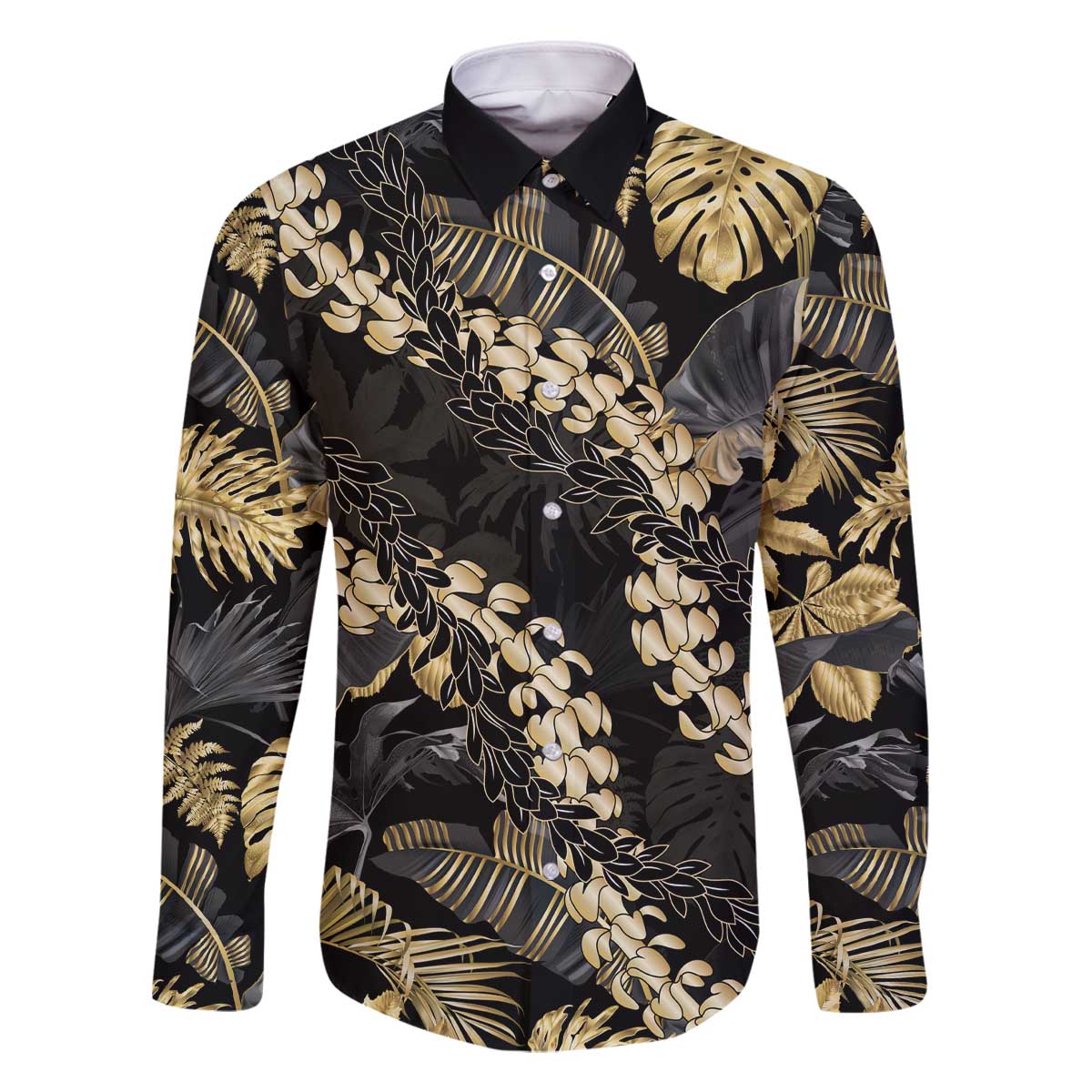 Gold Tropical Leaves Hawaii Mikioi Lei Family Matching Off The Shoulder Long Sleeve Dress and Hawaiian Shirt Luxury Stylized LT01 Dad's Shirt - Long Sleeve Gold - Polynesian Pride