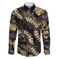 Gold Tropical Leaves Hawaii Mikioi Lei Family Matching Off The Shoulder Long Sleeve Dress and Hawaiian Shirt Luxury Stylized LT01 Dad's Shirt - Long Sleeve Gold - Polynesian Pride
