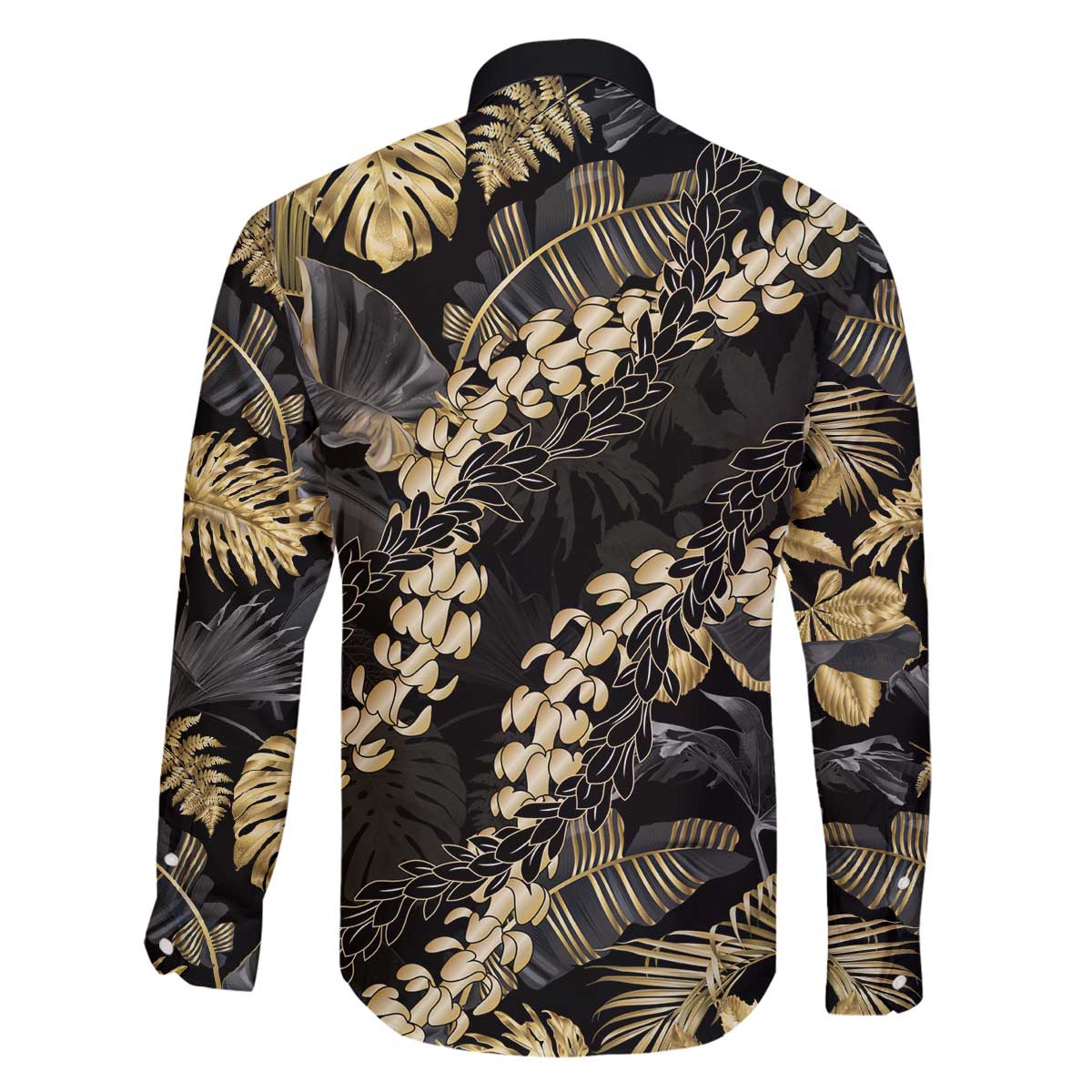 Gold Tropical Leaves Hawaii Mikioi Lei Family Matching Off The Shoulder Long Sleeve Dress and Hawaiian Shirt Luxury Stylized LT01 - Polynesian Pride