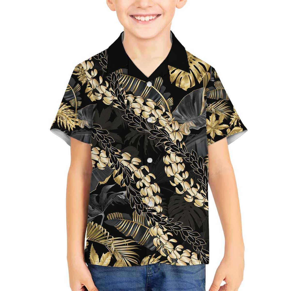 Gold Tropical Leaves Hawaii Mikioi Lei Family Matching Off The Shoulder Long Sleeve Dress and Hawaiian Shirt Luxury Stylized LT01 Son's Shirt Gold - Polynesian Pride