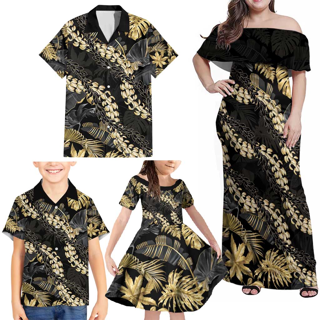 Gold Tropical Leaves Hawaii Mikioi Lei Family Matching Off Shoulder Maxi Dress and Hawaiian Shirt Luxury Stylized - Polynesian Pride