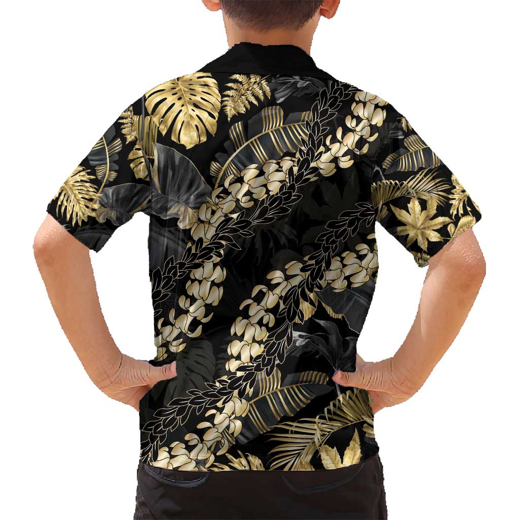 Gold Tropical Leaves Hawaii Mikioi Lei Family Matching Off Shoulder Short Dress and Hawaiian Shirt Luxury Stylized - Polynesian Pride