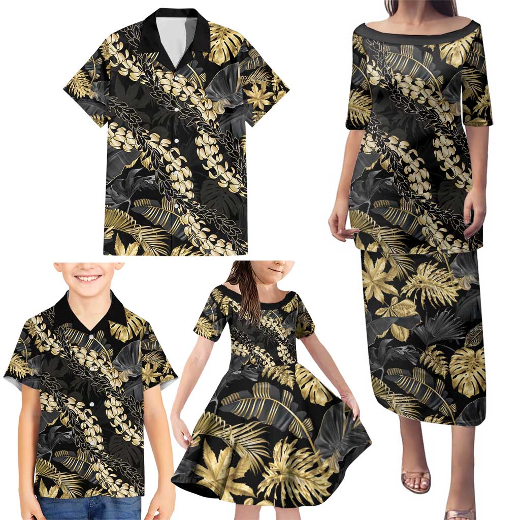 Gold Tropical Leaves Hawaii Mikioi Lei Family Matching Puletasi and Hawaiian Shirt Luxury Stylized - Polynesian Pride