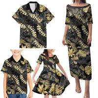 Gold Tropical Leaves Hawaii Mikioi Lei Family Matching Puletasi and Hawaiian Shirt Luxury Stylized - Polynesian Pride