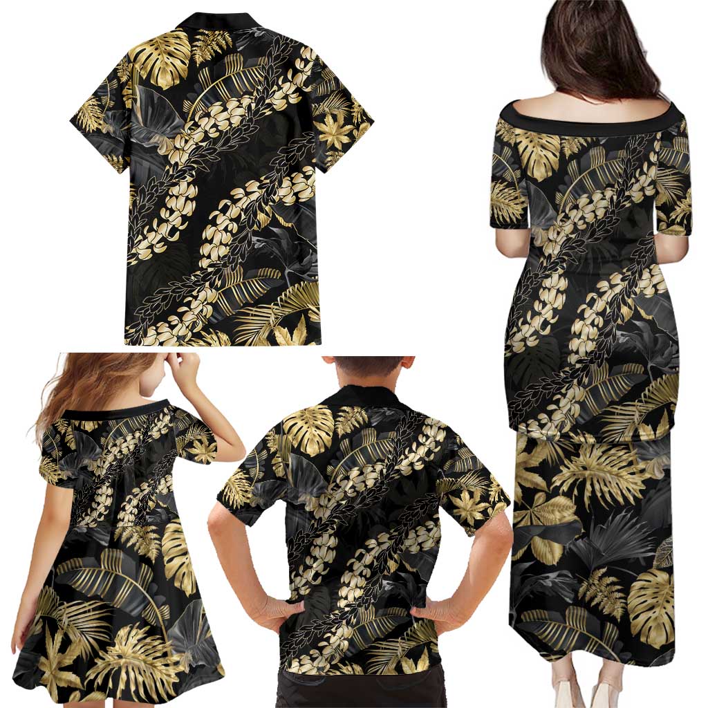 Gold Tropical Leaves Hawaii Mikioi Lei Family Matching Puletasi and Hawaiian Shirt Luxury Stylized - Polynesian Pride