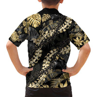 Gold Tropical Leaves Hawaii Mikioi Lei Family Matching Short Sleeve Bodycon Dress and Hawaiian Shirt Luxury Stylized - Polynesian Pride