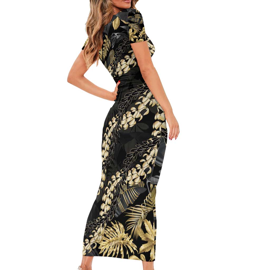 Gold Tropical Leaves Hawaii Mikioi Lei Family Matching Short Sleeve Bodycon Dress and Hawaiian Shirt Luxury Stylized - Polynesian Pride