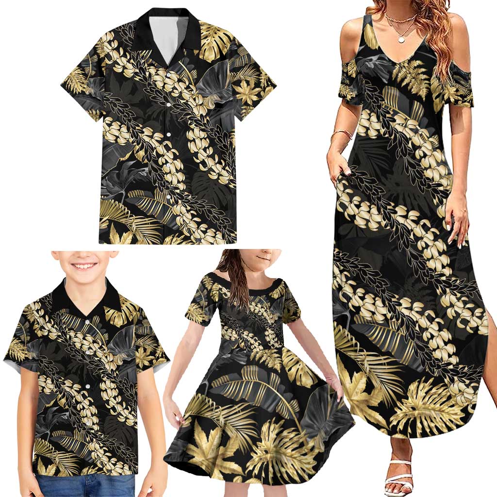 Gold Tropical Leaves Hawaii Mikioi Lei Family Matching Summer Maxi Dress and Hawaiian Shirt Luxury Stylized - Polynesian Pride