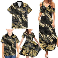 Gold Tropical Leaves Hawaii Mikioi Lei Family Matching Summer Maxi Dress and Hawaiian Shirt Luxury Stylized - Polynesian Pride