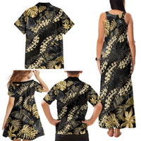Gold Tropical Leaves Hawaii Mikioi Lei Family Matching Tank Maxi Dress and Hawaiian Shirt Luxury Stylized - Polynesian Pride