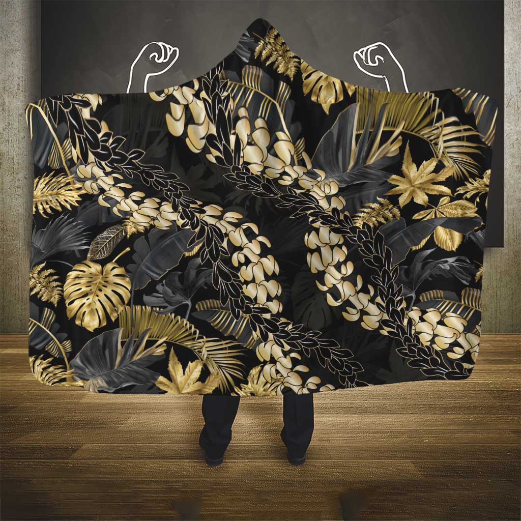 Gold Tropical Leaves Hawaii Mikioi Lei Hooded Blanket Luxury Stylized - Polynesian Pride