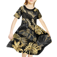 Gold Tropical Leaves Hawaii Mikioi Lei Kid Short Sleeve Dress Luxury Stylized - Polynesian Pride