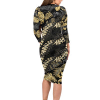 Gold Tropical Leaves Hawaii Mikioi Lei Long Sleeve Bodycon Dress Luxury Stylized - Polynesian Pride