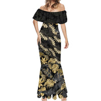 Gold Tropical Leaves Hawaii Mikioi Lei Mermaid Dress Luxury Stylized - Polynesian Pride