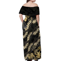 Gold Tropical Leaves Hawaii Mikioi Lei Off Shoulder Maxi Dress Luxury Stylized - Polynesian Pride