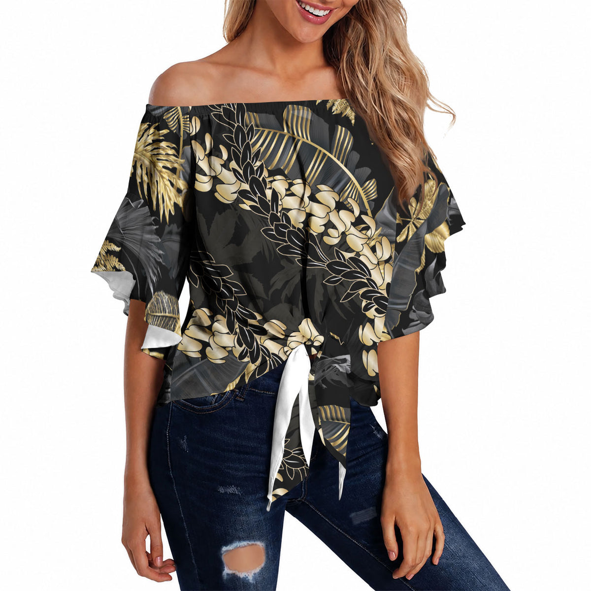 Gold Tropical Leaves Hawaii Mikioi Lei Off Shoulder Wrap Waist Top Luxury Stylized LT01 - Polynesian Pride