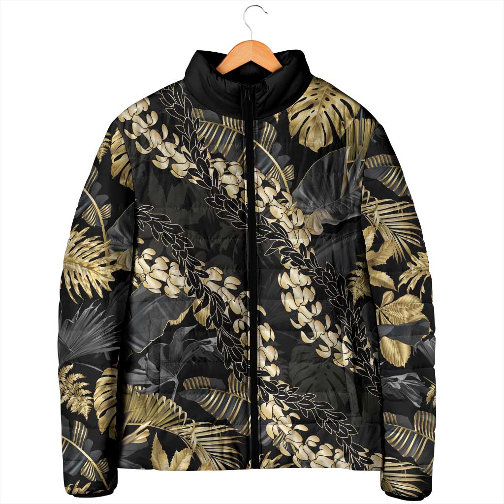 Gold Tropical Leaves Hawaii Mikioi Lei Padded Jacket Luxury Stylized - Polynesian Pride