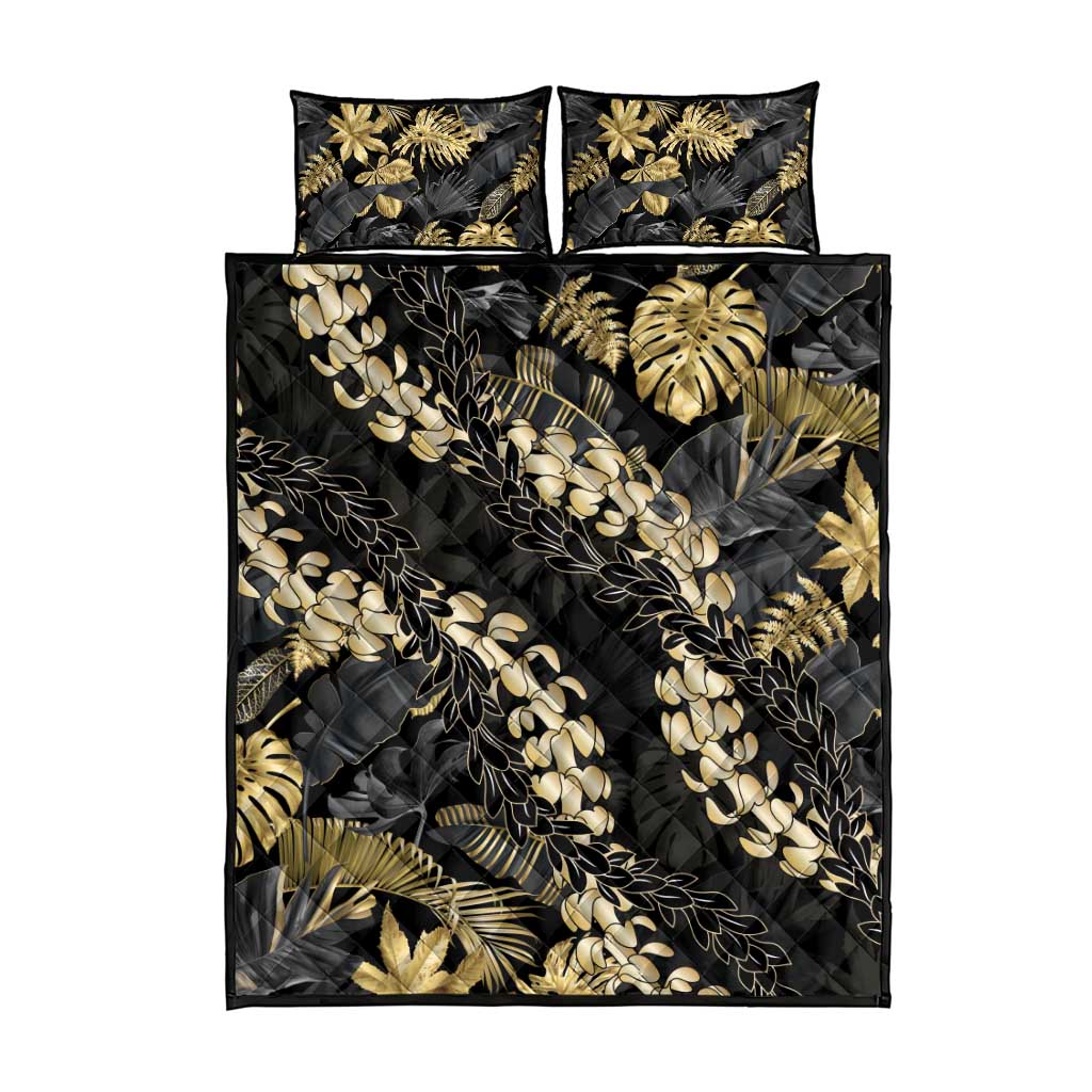 Gold Tropical Leaves Hawaii Mikioi Lei Quilt Bed Set Luxury Stylized - Polynesian Pride