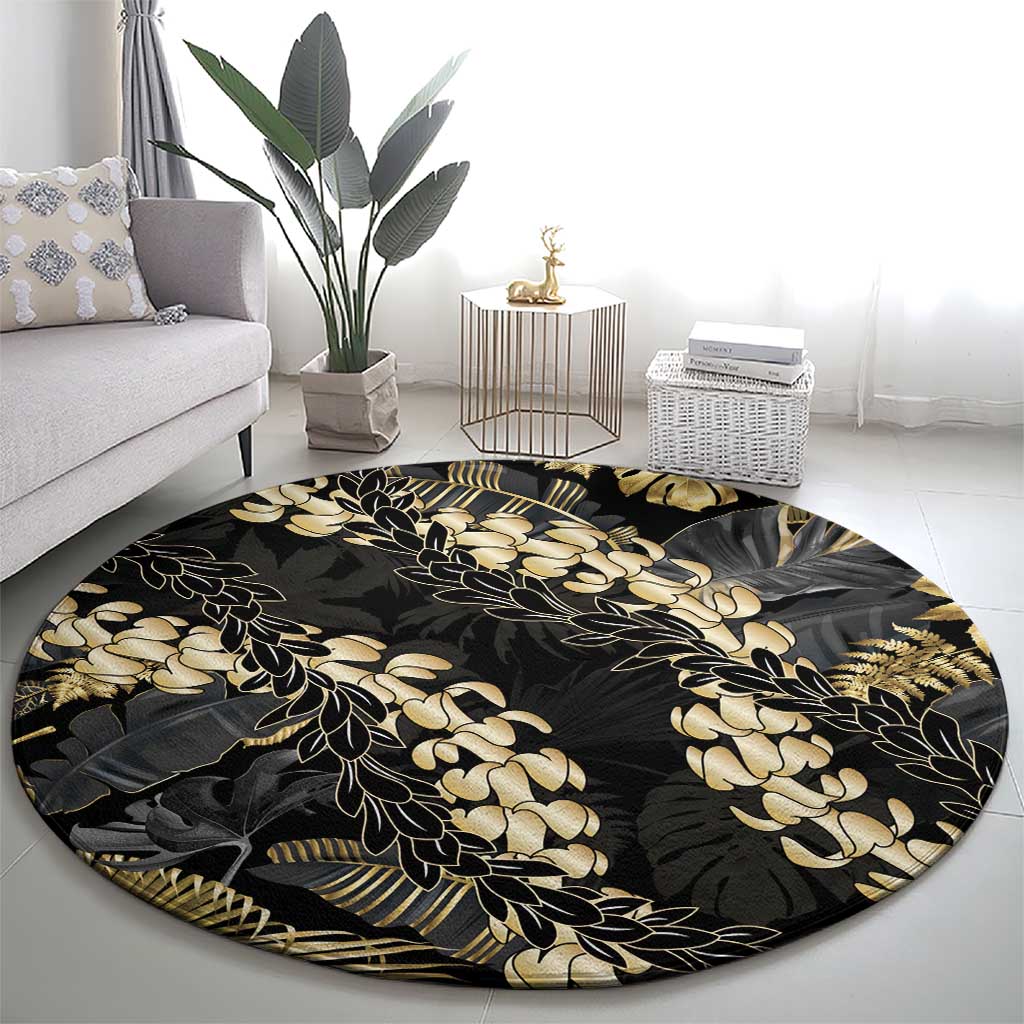 Gold Tropical Leaves Hawaii Mikioi Lei Round Carpet Luxury Stylized - Polynesian Pride